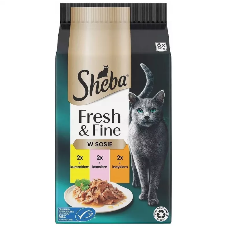 Nassfutter Sheba Mini Fish Dishes in Sauce Fresh & Fine 6 x 50 g – Nassfutter, 6x50 g Beutel, 84 % Feuchtigkeit, 7,9 % Protein