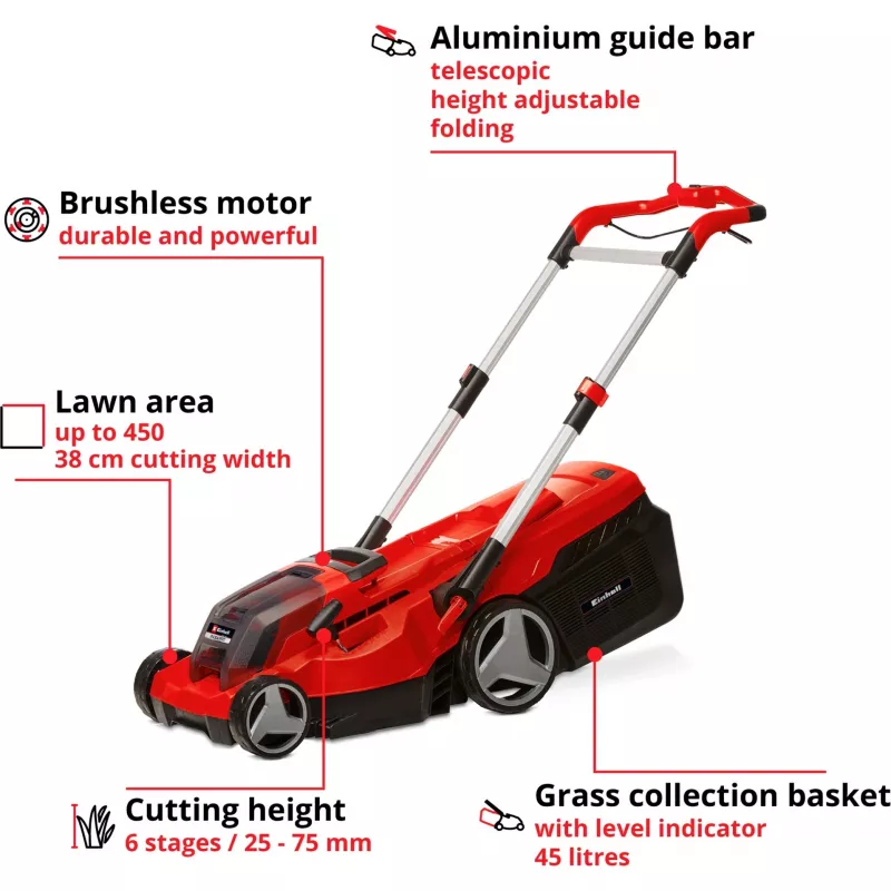 Professioneller Akku-Rasenmäher RASARRO 36/38, 36Volt (2x18V) (Rot/Schwarz, 2x Lithium-Ionen-Akku 4,0Ah)