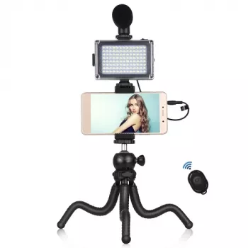 Blogger-Kit mit flexiblem Stativ, LED-Beleuchtung, Telefonhalter und Mikrofon
