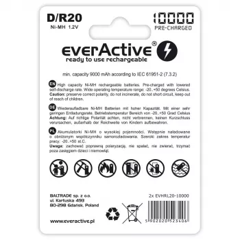 Wiederaufladbare Batterie everActive EVHRL20-10000 D NiMH 1,2 V 2 Stück
