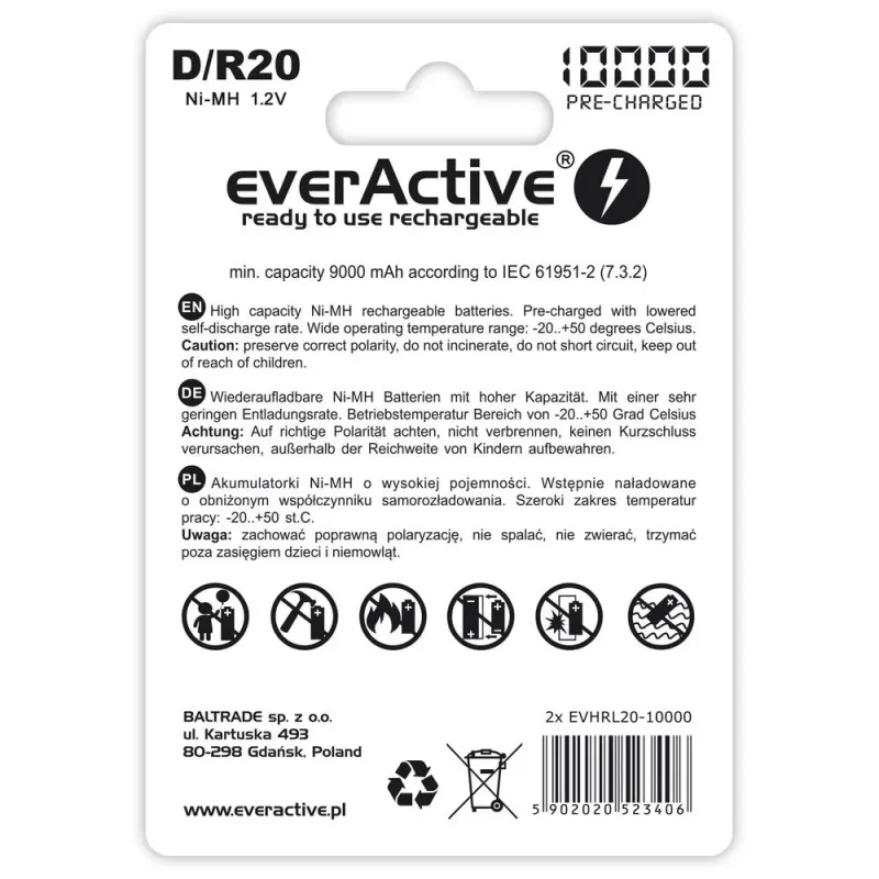Wiederaufladbare Batterie everActive EVHRL20-10000 D NiMH 1,2 V 2 Stück