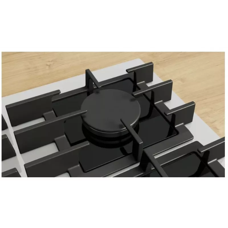 Eingebautes Gas-Kochfeld Bosch PPP6A2I40, 4 Zonen, Gusseisenroste, schwarz, 590×520×54 mm, Drehknopfsteuerung