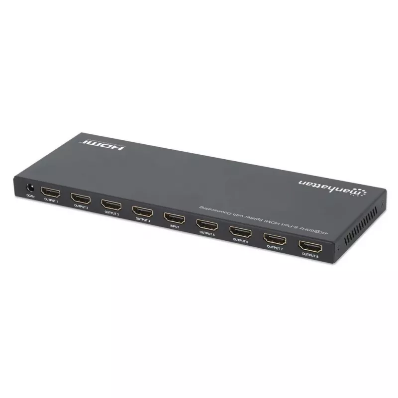 Manhattan 4K@60Hz 8-Port HDMI-Splitter mit Downscaling, verteilt ein HDMI-Eingangssignal auf acht HDMI-Ausgänge (1x8), 18G, EDID-Schalter für Downscaling, Schwarz