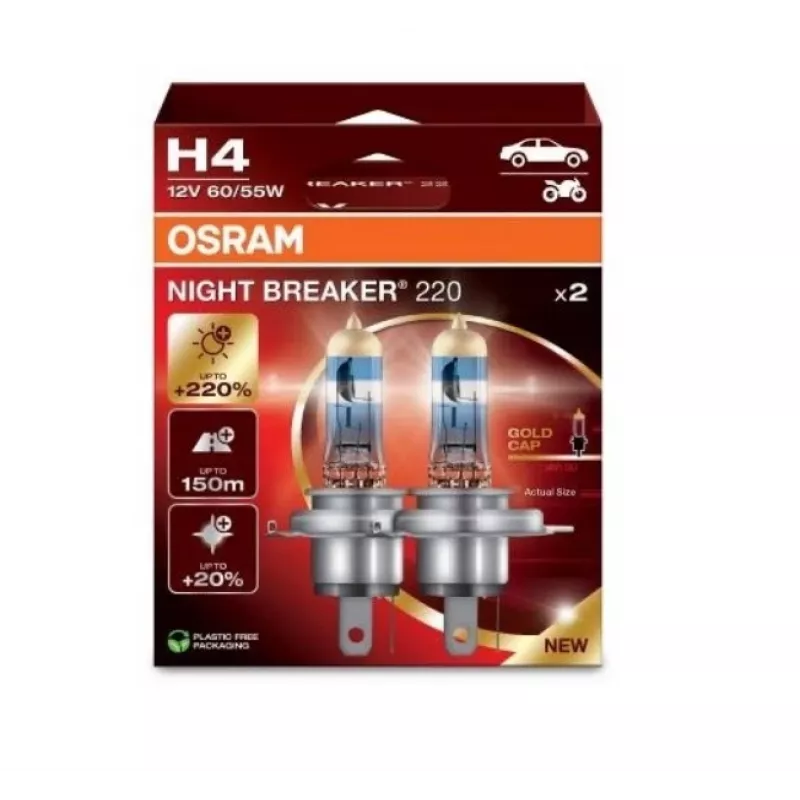 Halogen-Scheinwerferlampe Osram NIGHT BREAKER 220 H4 — Doppelpack, 12V 60/55W