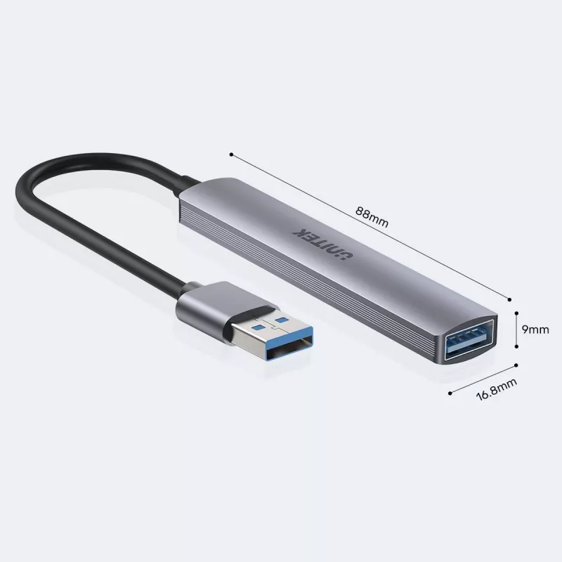 USB-Hub Unitek H1208A — 4 Ports (1 × USB 3.2 Gen 1 Typ-A, 3 × USB 2.0), Aluminiumgehäuse, grau, 0,20 m Kabel