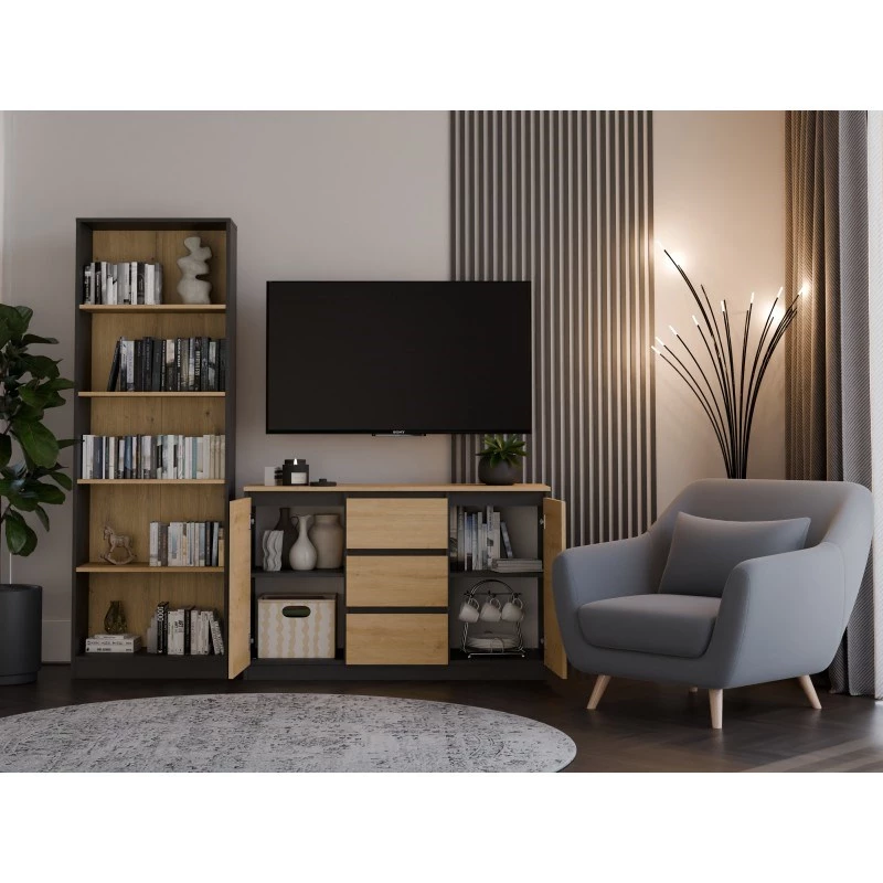 Kommode Topeshop 2D3S ANT/ART BA KPL — anthrazit und eiche, 3 Schubladen, Spanplattengestell