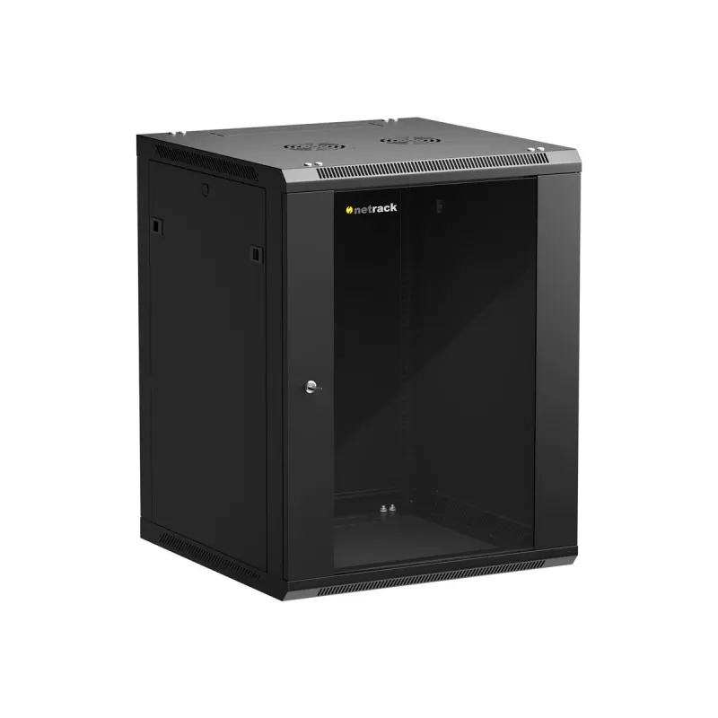 NETRACK 019-150-66-022 Wand-/Hängegehäuse 19 Zoll 15U/600 mm Glastür schwarz abnehmbare Seitenwände