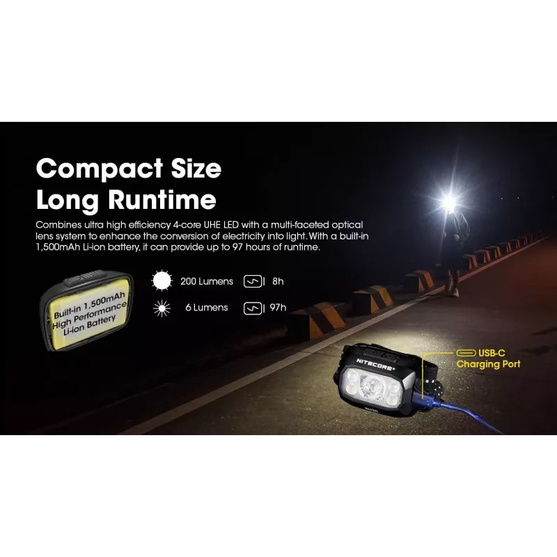 Stirnlampe Nitecore NU30 — kompakte, tragbare LED-Stirnlampe, bis zu 500 Lumen, mehrere Leistungsstufen, Rotlichtmodus