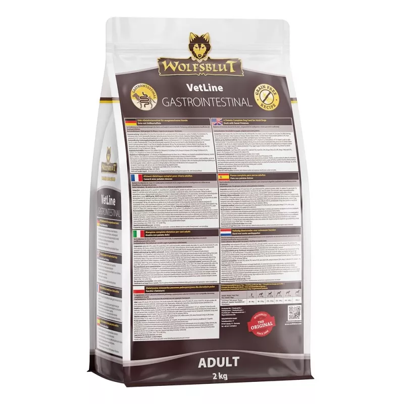Trockenfutter für Hunde Wolfsblut VetLine Gastrointestinal Ente 2 kg — Veterinärdiät zur Unterstützung der Verdauung, 20 % Protein, 10 % Fett