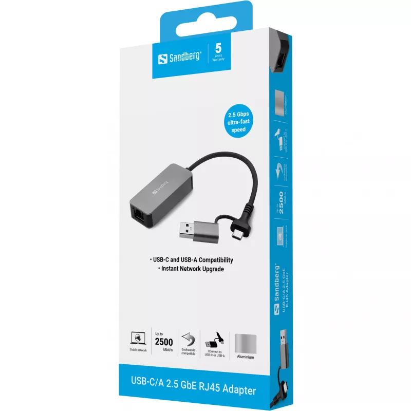 USB-C/A-Adapter SANDBERG 136-68 mit 2,5-GbE-RJ45-Ethernet-Anschluss