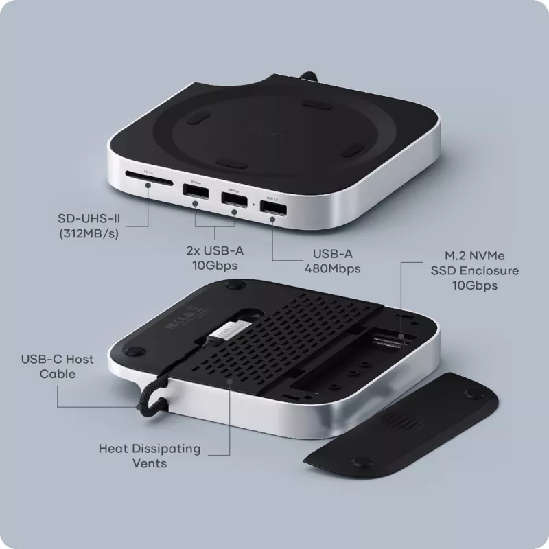 Satechi Laptop-Dock/Port-Replikator ST-GNMMES — kabelgebundener USB 3.2 Gen 2 Typ-C Hub, USB-A & SD, Silber