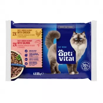 OptiVital Beutel - Alleinfuttermittel für ausgewachsene Katzen mit Huhn und Lachs 4x85g