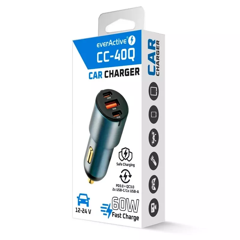 Auto-Ladegerät everActive CC-40Q QC3.0 60W, USB-Autoadapter zum Laden mobiler Geräte