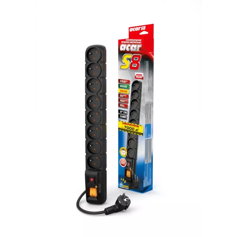 ACAR S8 Schwarz 8 AC-Steckdosen 230 V 5 m