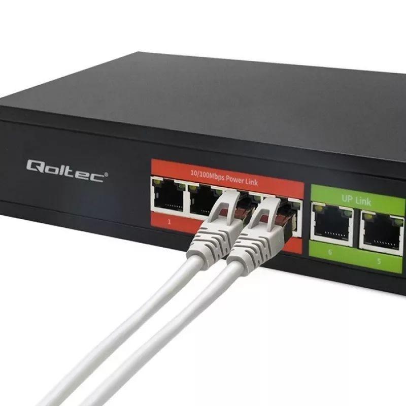 Ethernet PoE Switch QOLTEC 52289 — 4x RJ45 PoE-Ports, 2x RJ45 Uplink, 65W PoE-Budget