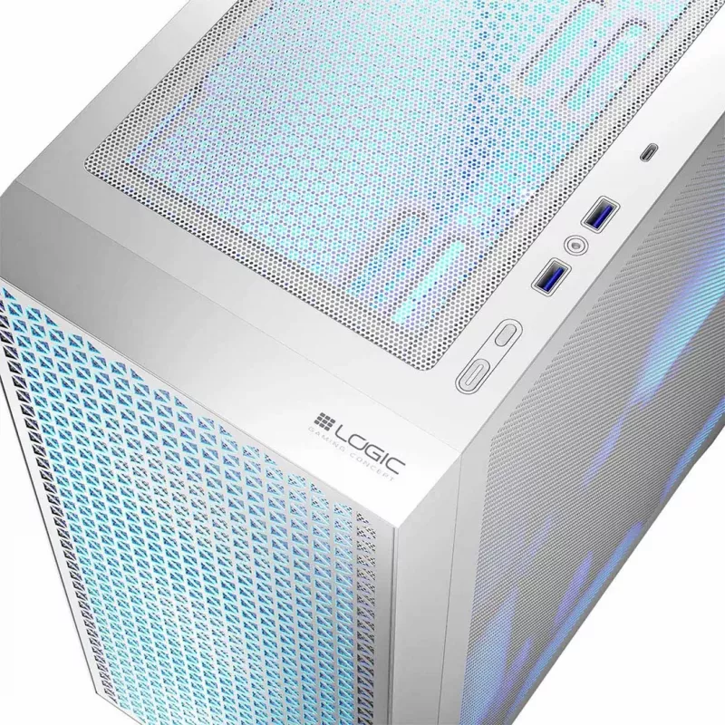 PC-Gehäuse LOGIC Dart Pro Midi ARGB weiß — Midi Tower, ATX, 456×200×385 mm, max. GPU 34 cm, CPU-Kühlerhöhe 155 mm, 3x120mm vorne + 1x120mm hinten, USB 3.0 x2, USB-C x1