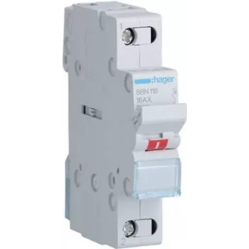 Hager SBN116. Nennstrom: 16 A. Breite: 17,5 mm, Tiefe: 68 mm, Höhe: 83 mm. Spulenspannung (max): 440 V (SBN116)