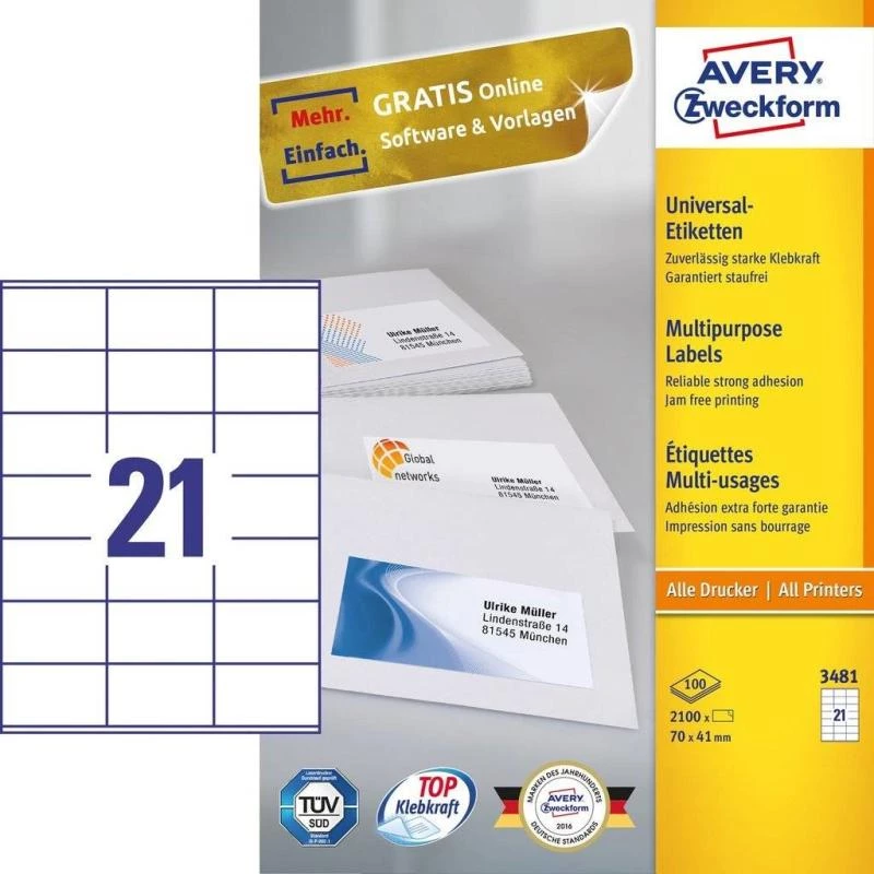 Avery 3481 Selbstklebende Etiketten Rechteckig Permanent Weiß 2100 Stück