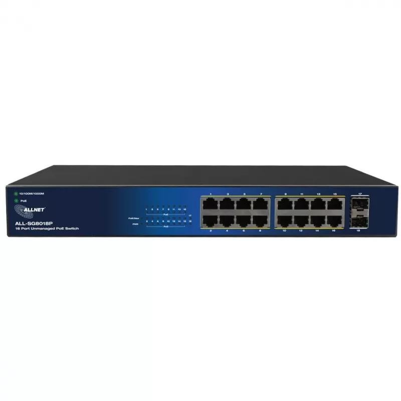 ALLNET 18-Port Gigabit PoE Switch ALL-SG8018P — 16 PoE-Ports + 2 Uplink, Gigabit Ethernet