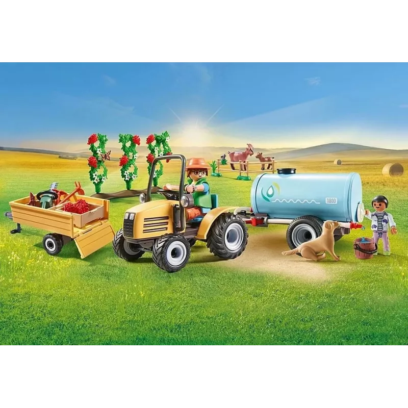 Playmobil 71442 Country: Traktor mit Anhänger und Wassertank – Frische Ernte auf dem Bauernhof – Spielerisch die Umwelt kennenlernen – Fantasievolles Rollenspiel