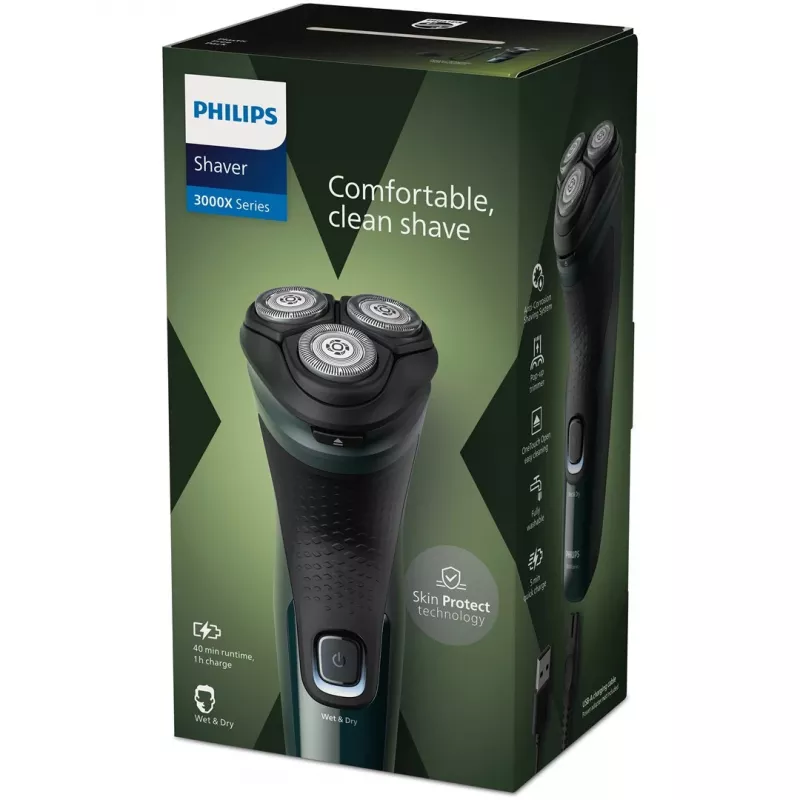 Elektrischer Rotationsrasierer Philips 3000X Series X3002/00 – 3-Kopf Nass- & Trockenrasierer, kabellos, NiMH-Akku, 40 Minuten Laufzeit