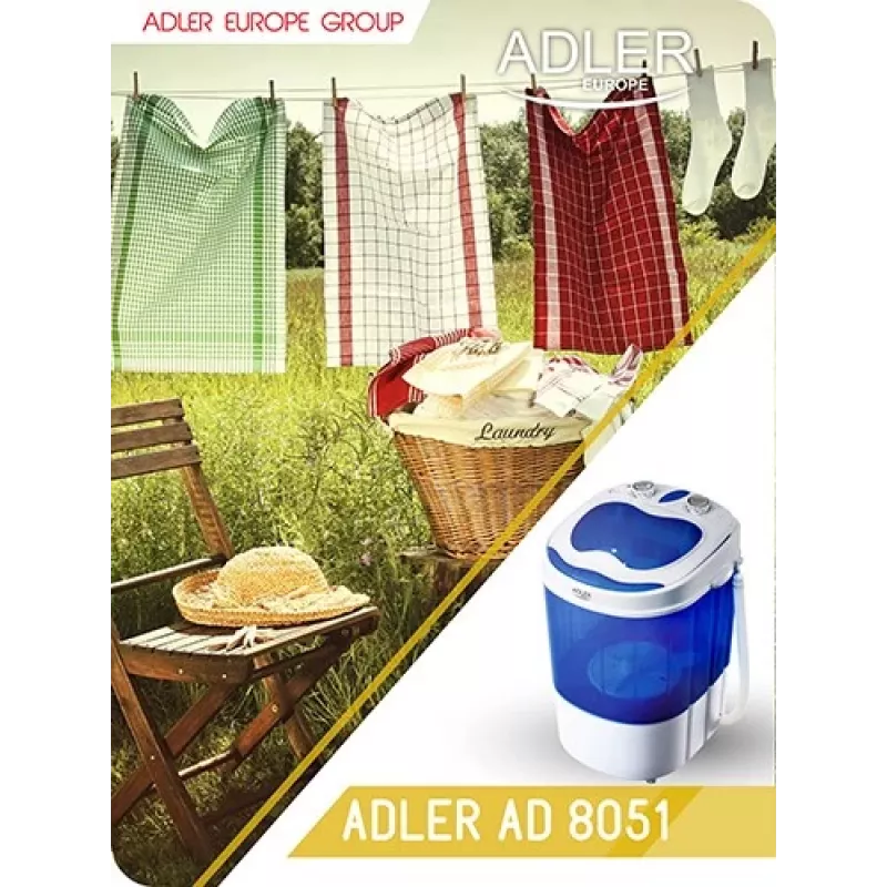 Adler | AD 8051 | Waschmaschine | Energieeffizienzklasse | Toplader | Waschkapazität 3 kg | Unbestimmte U/min | Tiefe 37 cm | Breite 38 cm | Weiß/Blau