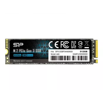 SSD M.2 NVMe Silicon Power P34A60 512 GB — PCIe, Lesen 2200 MB/s, Schreiben 1600 MB/s, NVMe 1.3