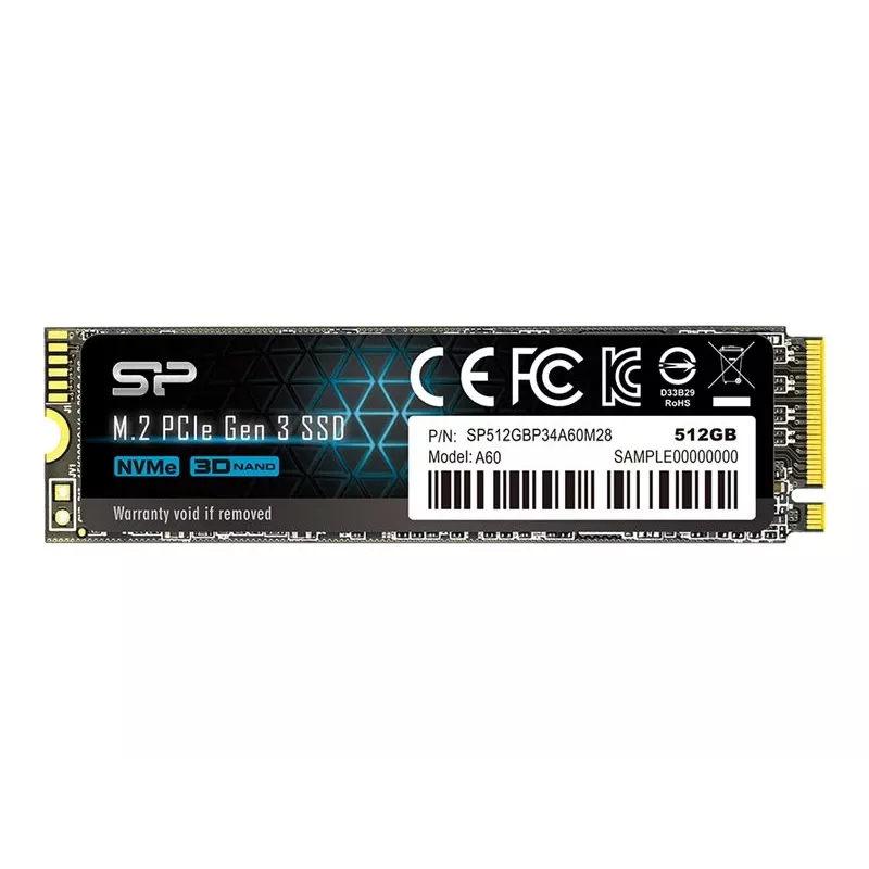 SSD M.2 NVMe Silicon Power P34A60 512 GB — PCIe, Lesen 2200 MB/s, Schreiben 1600 MB/s, NVMe 1.3