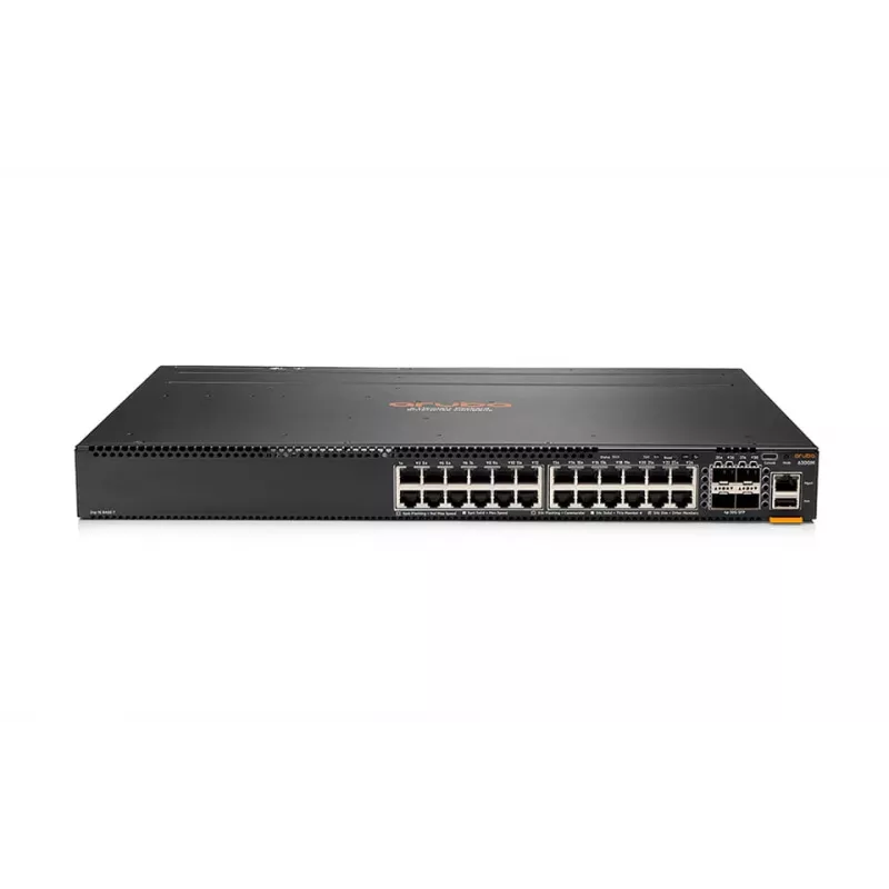 HPE Aruba 6300M - Switch - L3 - managed - 24 x 10/100/1000 + 4 x 1 Gigabit / 10 Gigabit / 25 Gigabit / 50 Gigabit SFP56 (Uplink / Stacking) - Front und Seite zu Hinterseite - an Ra