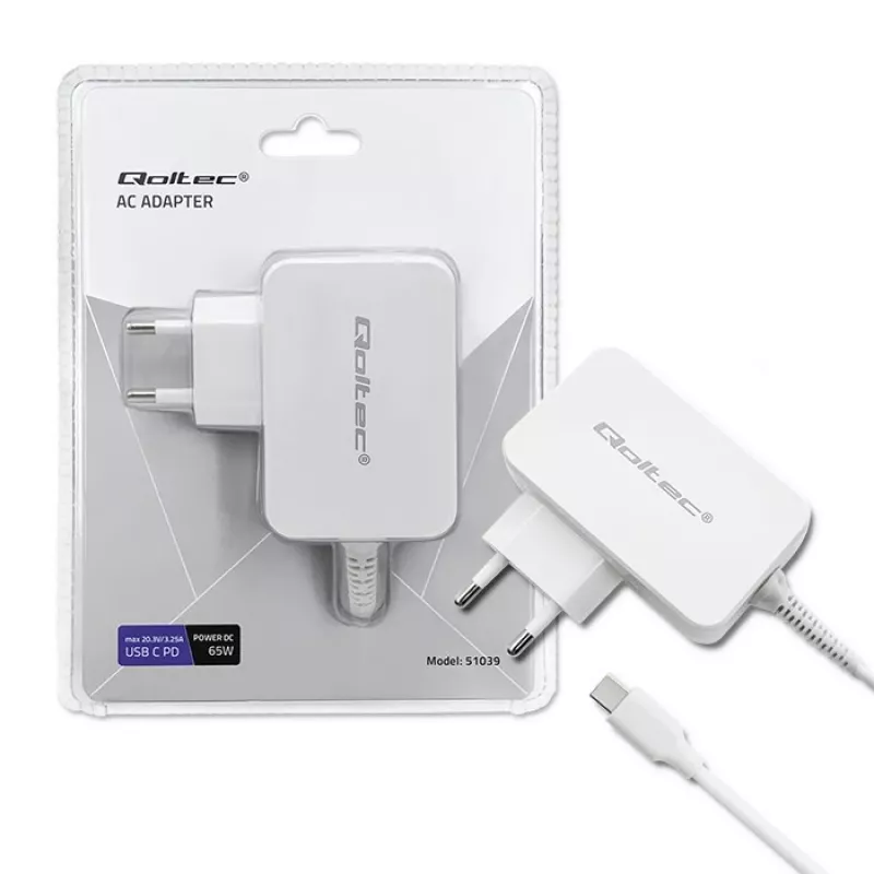 Netzteil QOLTEC 51039 65W AC-to-DC 220–240V 20.3V/3.25A Type C weiß, 1.7 m Kabel