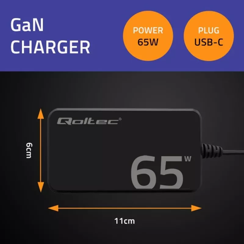 QOLTEC Ladegerät 65W GaN Super Fast schlank PD 5-20V 3,25A USB-C