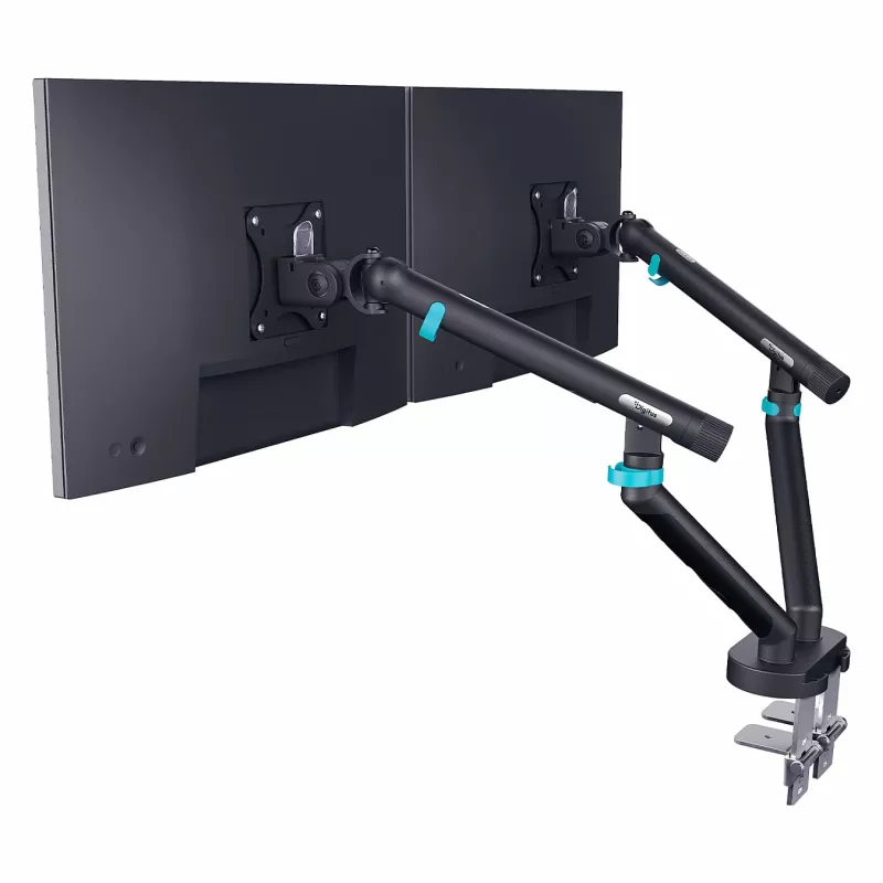 Monitorhalterung DIGITUS Dual-Design für 2 × 35-Zoll-Bildschirme, Klemme, 2 × 10 kg, VESA 75×75–100×100, Neigung -45–90°