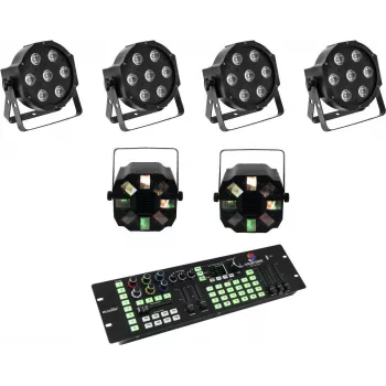LED-Bodenset EUROLITE SLS-7 HCL 4x + LED FE-700 2x mit DMX Color Chief Controller