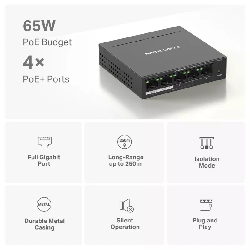 Mercusys 5-Port Gigabit Desktop Switch mit 4-Port PoE+
