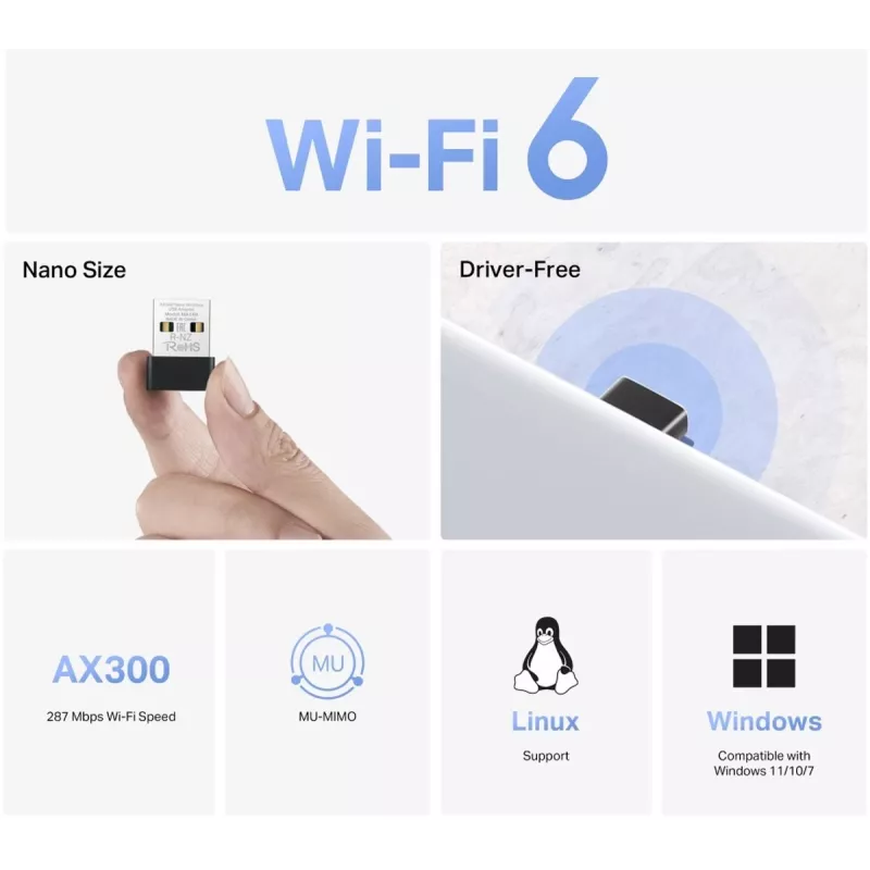 USB-WLAN-Adapter MERCUSYS MA14N — USB Typ A, 2,4 GHz Single-Band, bis zu 287 Mbit/s, Schwarz