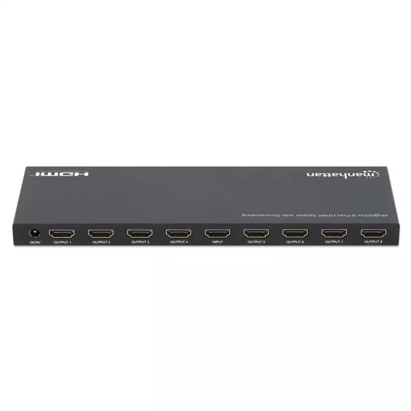 Manhattan 4K@60Hz 8-Port HDMI-Splitter mit Downscaling, verteilt ein HDMI-Eingangssignal auf acht HDMI-Ausgänge (1x8), 18G, EDID-Schalter für Downscaling, Schwarz