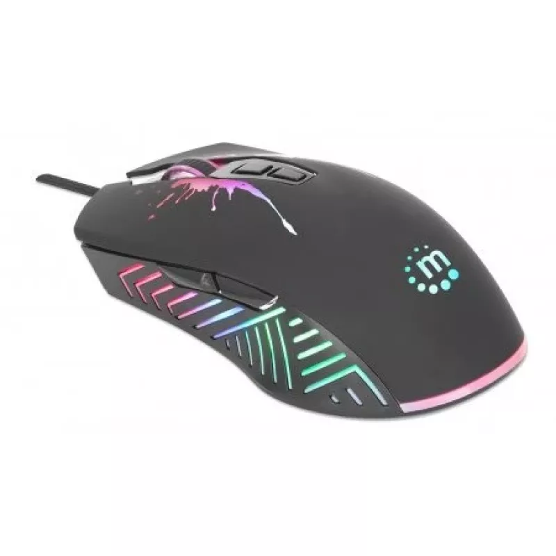 Manhattan Gaming-Maus mit LEDs, kabelgebunden, sieben Tasten, Scrollrad, 7200 dpi, Schwarz mit LED-Beleuchtung, drei Jahre Garantie