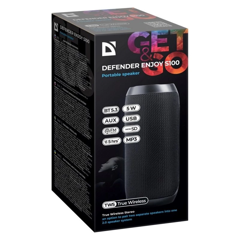 Tragbarer Bluetooth-Lautsprecher DEFENDER ENJOY S100 — 10W, Bluetooth 5.3, 5h Akku, LED-Beleuchtung, eingebautes Mikrofon