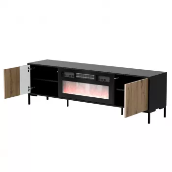 TV-Schrank cama meble MERCI mit Kamin, 180 x 40 x 53,5 cm, schwarze Oberseite, Rahmen in Eiche artisan
