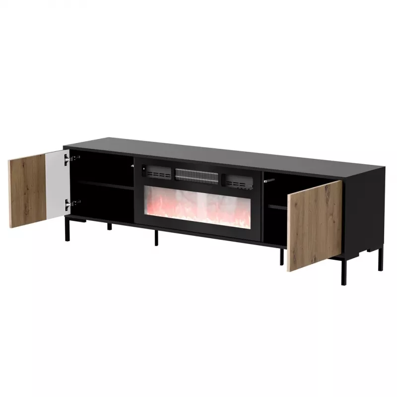 TV-Schrank cama meble MERCI mit Kamin, 180 x 40 x 53,5 cm, schwarze Oberseite, Rahmen in Eiche artisan