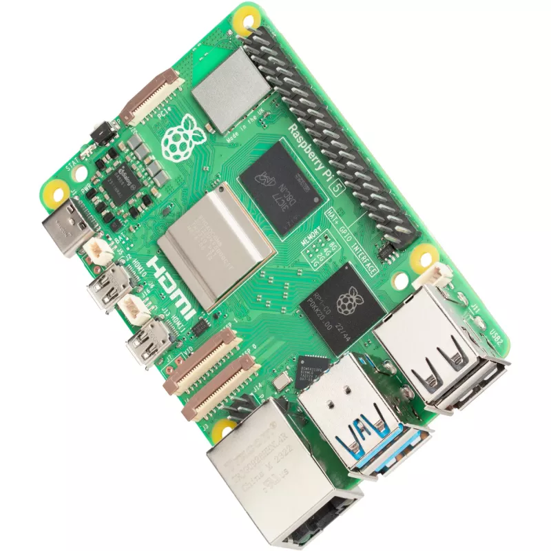 Single-Board-Computer Raspberry Pi 5 Entwicklungsboard — 2400 MHz Arm Cortex-A76, bis zu 16 GB LPDDR4x, MicroSD, USB 3.2, Wi‑Fi 5