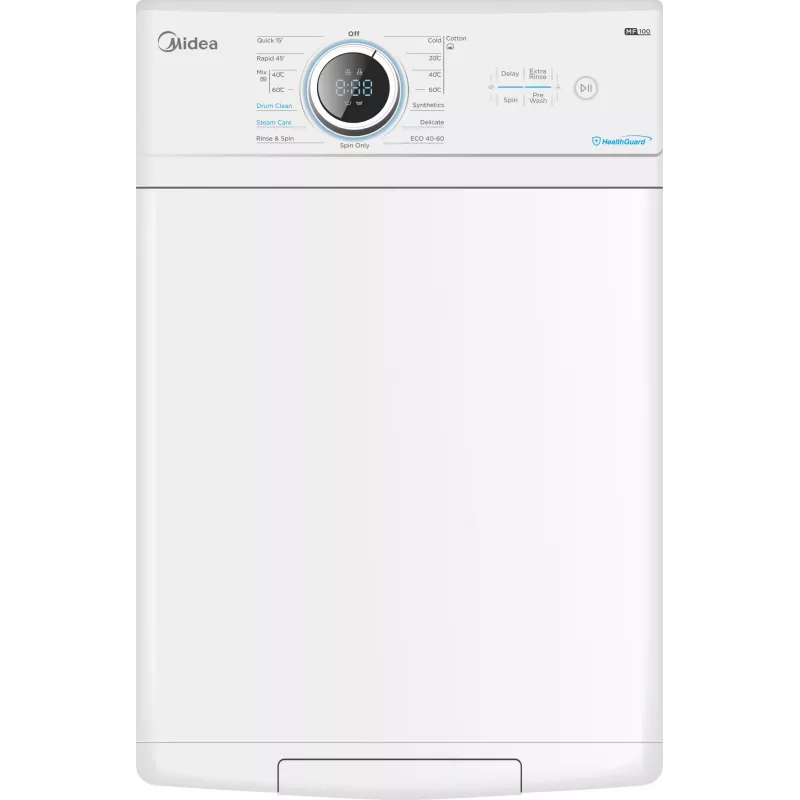 Midea Waschmaschine | MF100T60B/W-HR | Energieeffizienzklasse A | Toplader | Waschkapazität 6 kg | 1200 U/min | Tiefe 61 cm | Breite 40 cm | Anzeige | LED | Dampffunktion | W