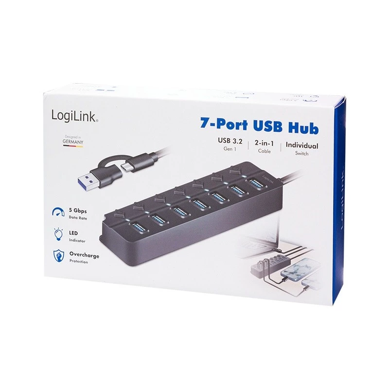 USB 3.2 Gen 1 Hub, 7 Port mit Ein-/Ausschalter, schwarz