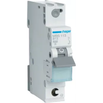 Hager MBS113. Nennstrom: 13 A, Netzfrequenz: 50/60 Hz. Typ: B, maximale Modulanzahl: 1 Modul(e). Breite: 17,5 mm, Tiefe: 70 mm, Höhe: 83,4 mm (MBS113)