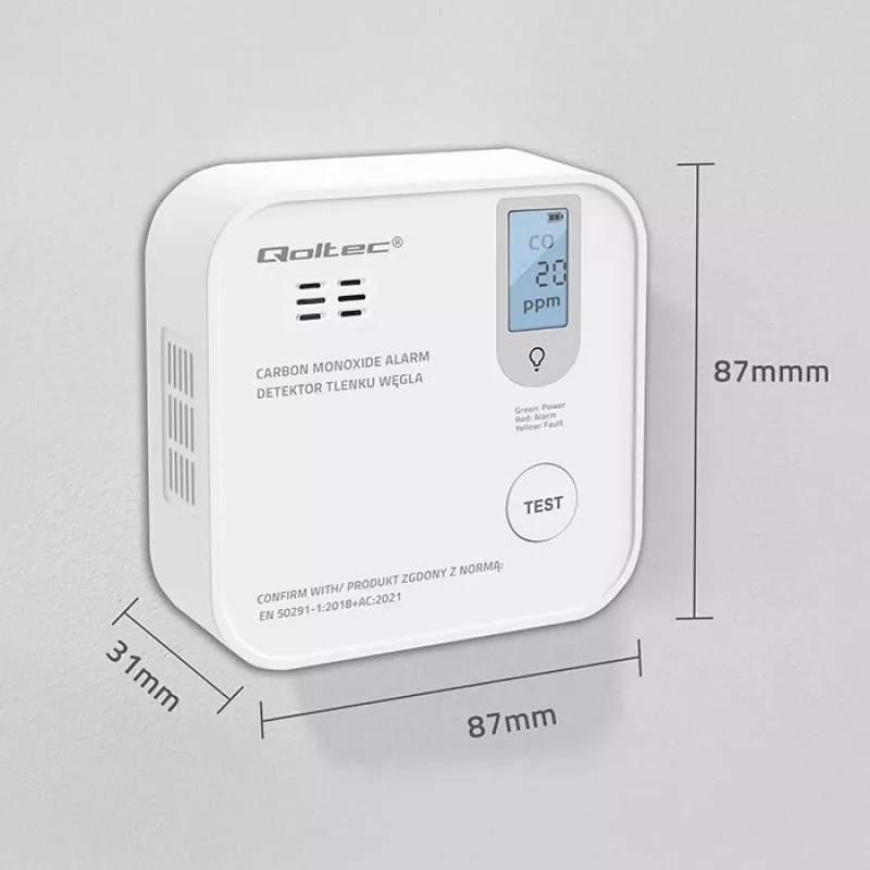 Kohlenmonoxid-Sensor QOLTEC 52577 — batteriebetriebener Alarm, 85 dB Schallpegel