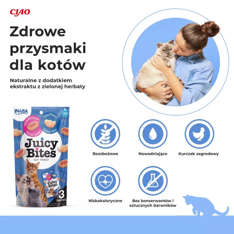 Nasse Katzenleckerlies INABA Juicy Bites Huhn und Thunfisch 3 x 11 g Beutel, getreidefrei, Protein 24 %, Feuchtigkeit 71 %