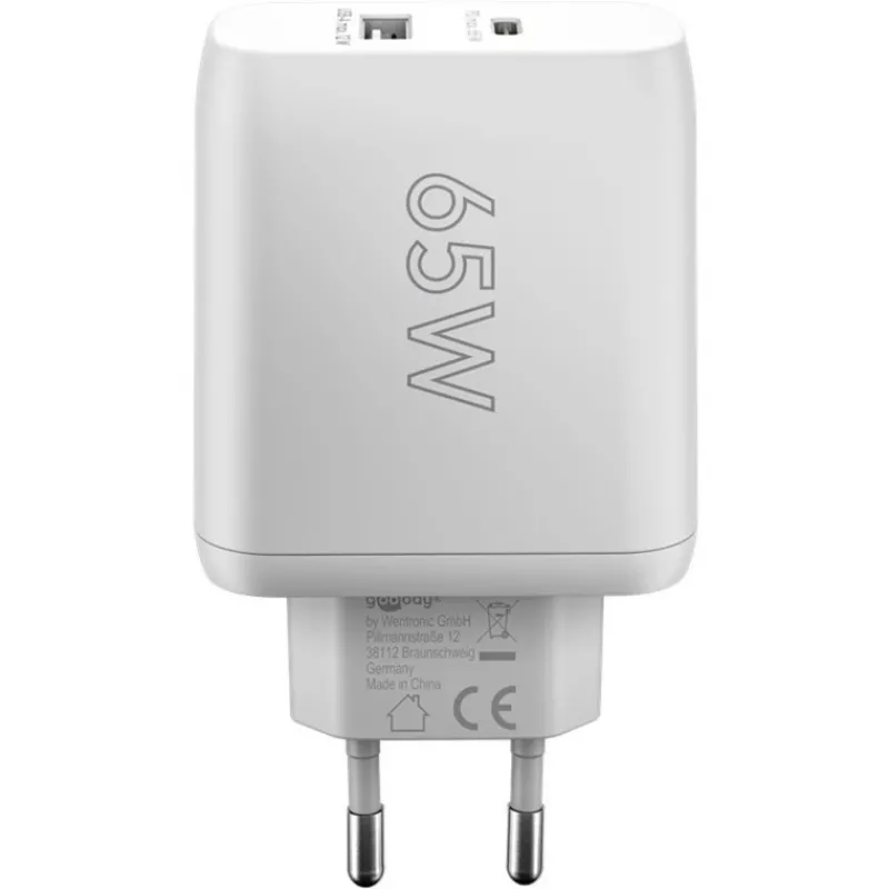 USB-C Dual-Schnellladegerät, PD, GaN, 65 Watt (Weiß, 1x USB-C, 1x USB-A, Power Delivery)