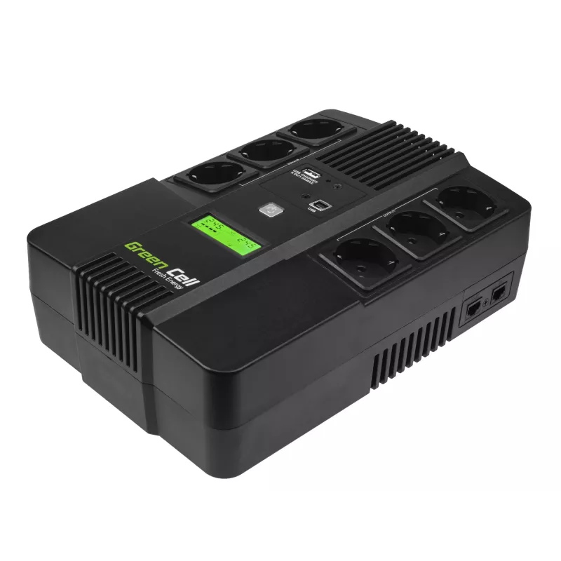 Unterbrechungsfreie Stromversorgung Grün Cell UPS06, Line-Interactive 600 VA (360 W), 6 AC-Ausgänge, LCD, USB, RJ-45, 12 V 7 Ah Batterie