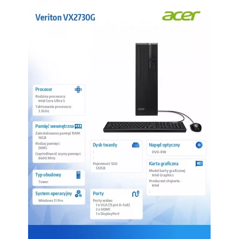 Desktop-PC Acer Veriton VX2730G U5 225 mit 16 GB RAM und 512 GB SSD, Windows 11 Pro