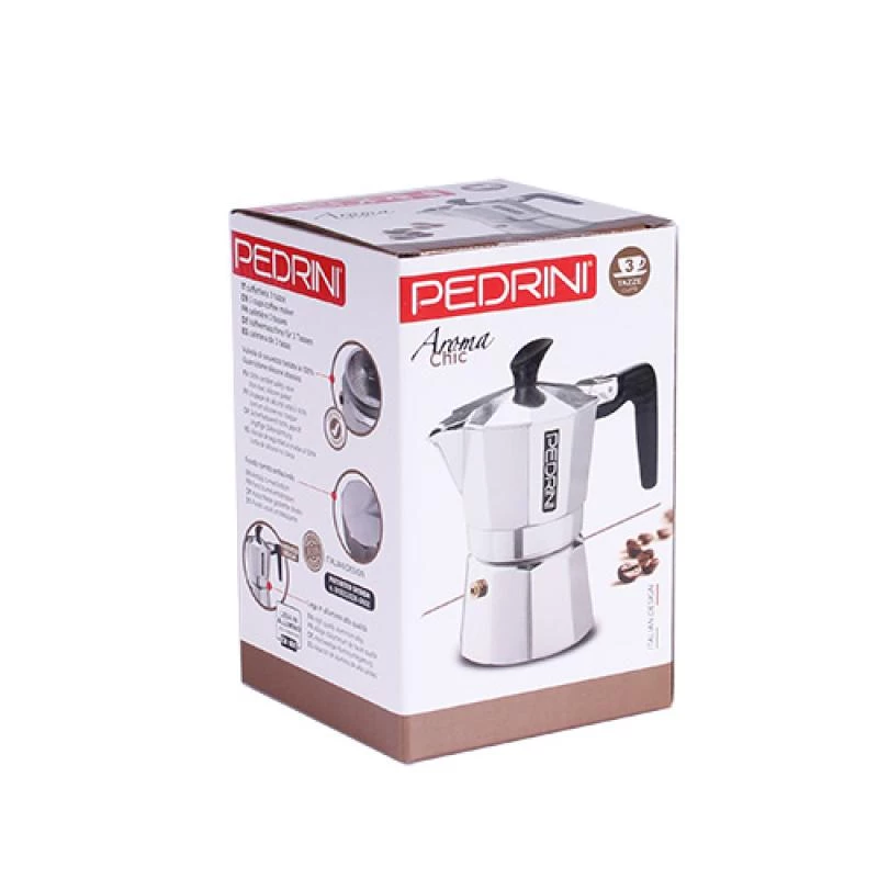 Kaffeemaschine Pedrini 9083-3 – polierter Aluminium-Herdkaffeebereiter, 3 Tassen, silber und schwarz